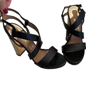 EUC $575 GOLD Mirror Black Leather Heels Salvatore Ferragamo Bubina Heels Sz 7
